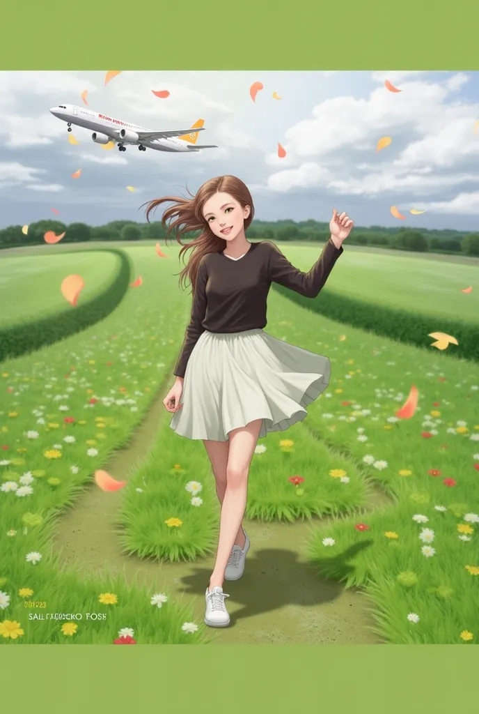 Make this girl dancing and full off flowers around and the airplane moving