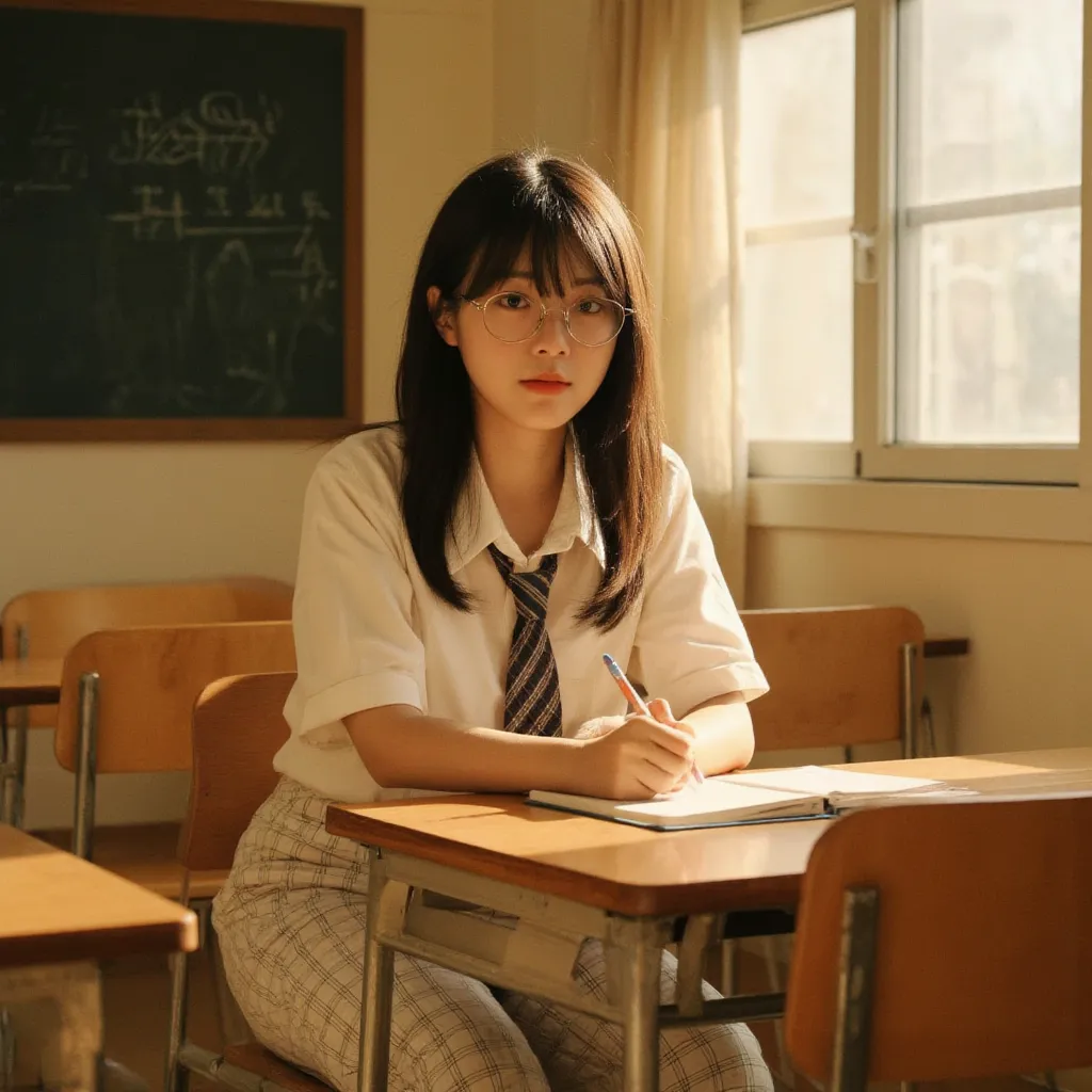 Tokyo Middle School Classroom,middle school girl wearing oval silver-rimmed glasses,black hair semi-long hair,straight hair,white shirt,checkered necktie,Old white jersey pants , rough skin