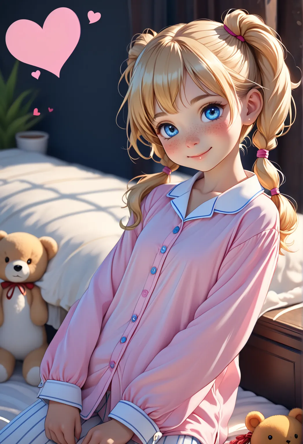 8K, best quality, ((7yo girl)), cute, ((flat chest like a boy)), (Blonde hair worn in very short twintails), perfect hair, blue eyes, heavy freckles, (Petite body:1.2), Slender arms, small waist, slim legs, narrow hips, Heart shaped face, Gap-toothed smile...