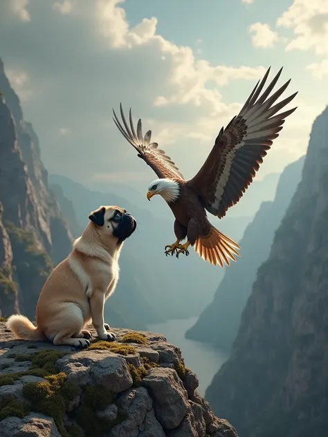 "A photorealistic scene of a pug puppy and an eagle on a rocky cliff, with dramatic lighting and a cloudy sky in the background. The pug is looking playfully at the eagle, while the eagle is spreading its wings, ready to take flight. The colors are vivid w...