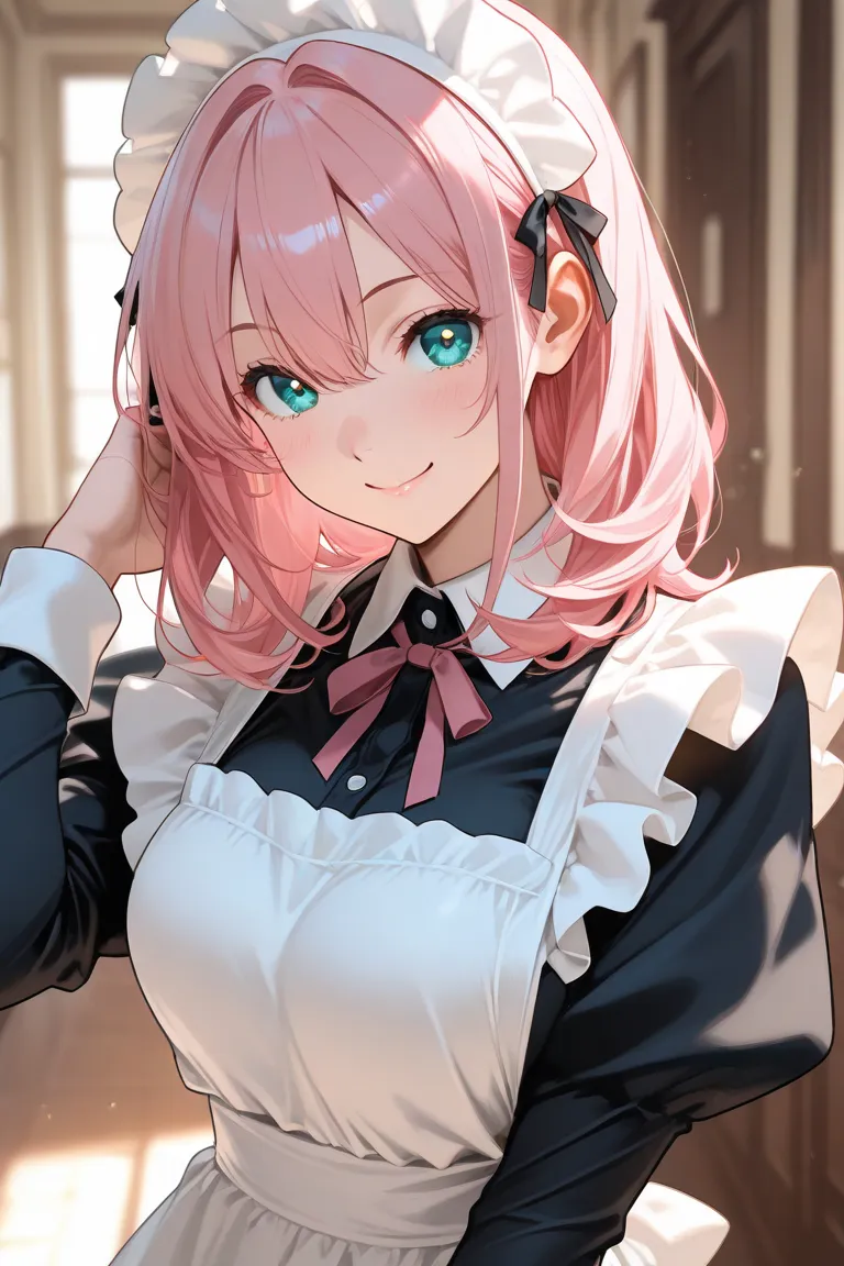 best quality，medium hair，pink hair，cyan eyes，enmaided，clothed，smile