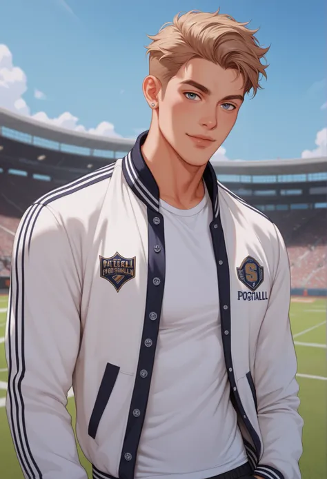 A handsome atheltic build man in a letterman jacket. He is looking at the viewer. The background is an urban football field. confident pose.