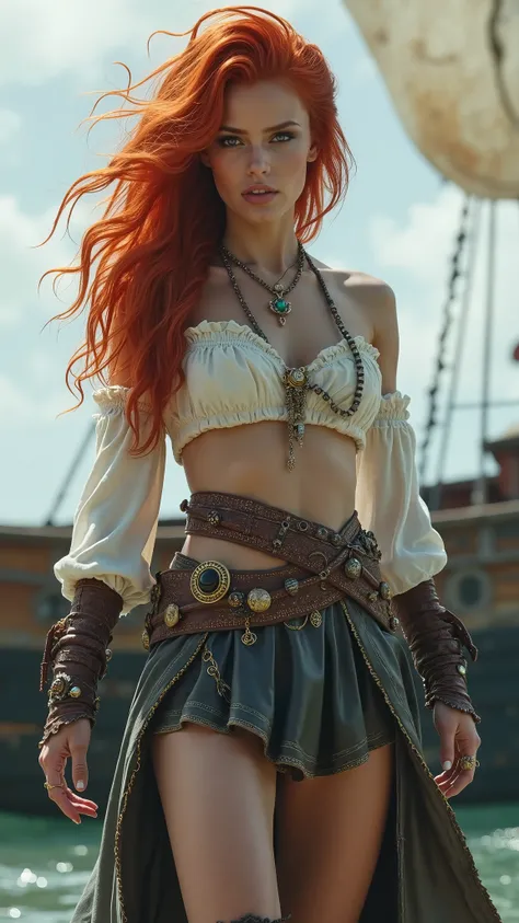 High quality, high definition photo of a very beautiful slender young sexy woman with long red hair in a pirate costume standing in front of a boat, as a medieval fantasy character, jewellers, full height, short skirt, karol bak uhd, still from a fantasy m...