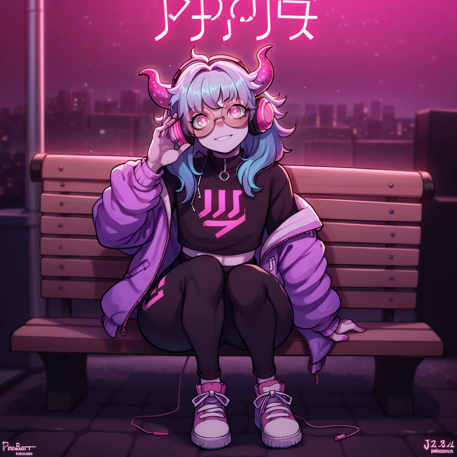 score_9, score_8_up, score_7_up, score_6_up, score_5_up, score_4_up, vibrant messy magenta hair, neon pink eyes, glowing eyes, round glasses, sitting on bench, city street, looking at viewer, femboy, feminine boy, long hair, night, horns headphone, musical...