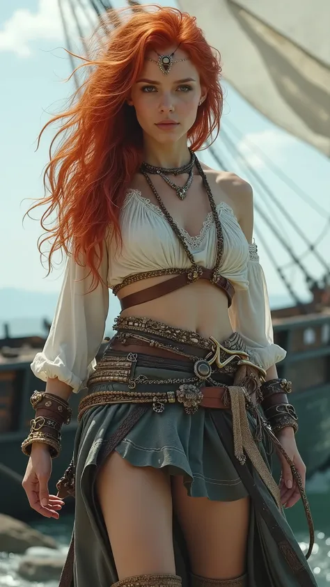High quality, high definition photo of a very beautiful slender young sexy woman with long red hair in a pirate costume standing in front of a boat, as a medieval fantasy character, jewellers, full height, short skirt, karol bak uhd, still from a fantasy m...
