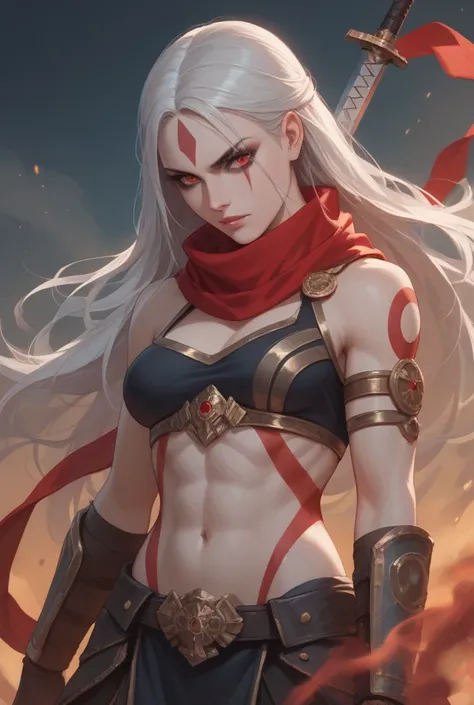 Create a female anime-style character whose long hair is red.
She's wearing adventurous clothes.
She has fiery red eyes and wears adventurous, sexy yet formal clothing with a scarf..
He is imposing and wields two swords similar to Kratos' Blades of Chaos.