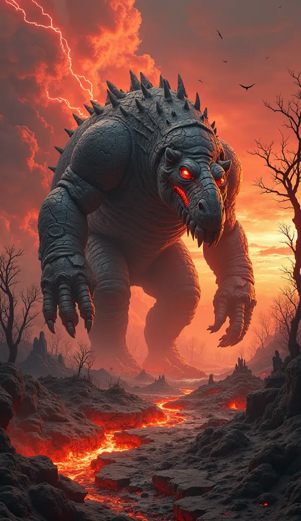 Create a horrifying, ultra-detailed digital painting of a monstrous titan armadillo standing in a cursed wasteland under a blood-red sky. Its armored shell is cracked and jagged, covered in ancient battle scars and glowing molten veins that pulse like lava...