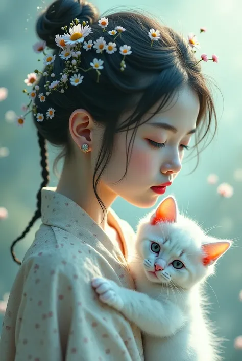 Japanese girl with lots of braids and white kitten