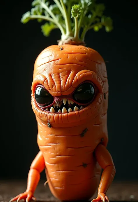 A hyper-realistic, ultra-detailed 4K render of a monstrous, living carrot creature with disturbingly organic features. Its skin is deep orange, slightly wrinkled, and stretched over an overripe, swollen body, with small cracks revealing glimpses of fibrous...