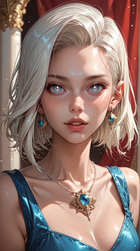 An extraordinary masterpiece，shows off an attractive light in a Saxon blue outfit，wearing a platinum jewelry set，with sparkling details。enhances her realistic and detailed facial features，Sharp pupils and a charming highlighter。