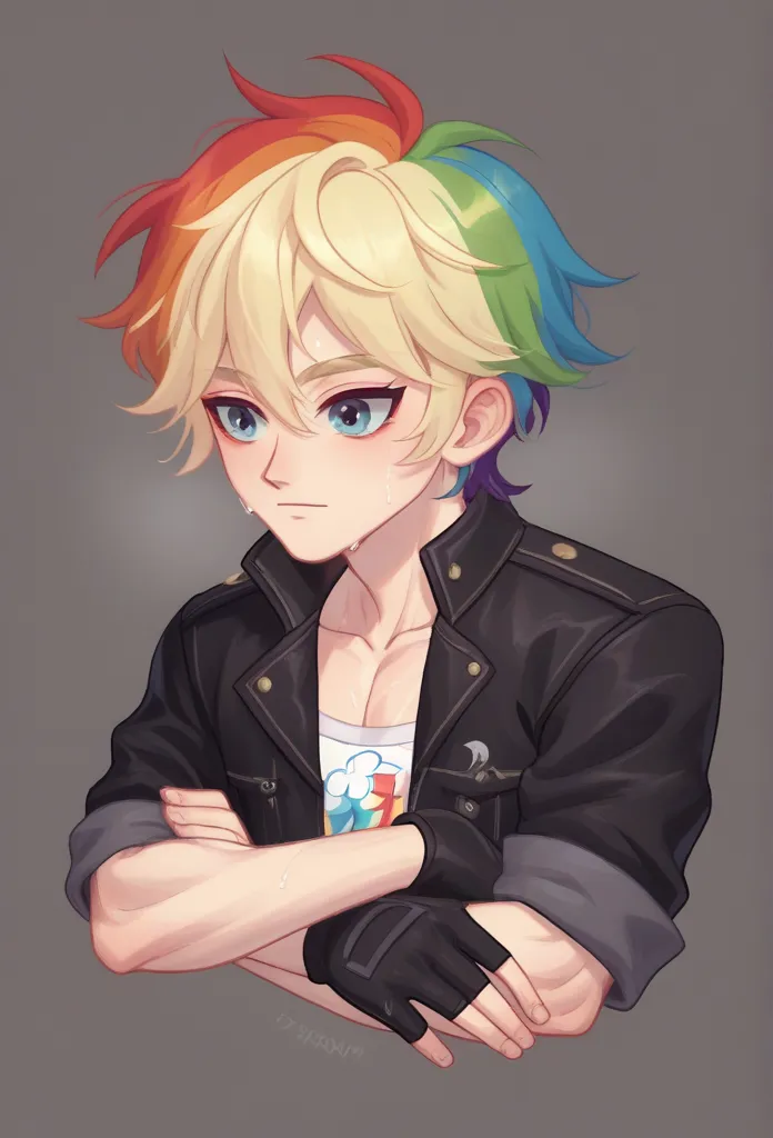 male with wolf ears and a wolf tail, rainbow hair with flowing long locks, has light beard, shirtless, wearing fingerless gloves, wearing worn jeans, is sweaty,muscle,upper body,rainbow clothes,stikers on face,cute modren kpop style,blonde hair on side wit...