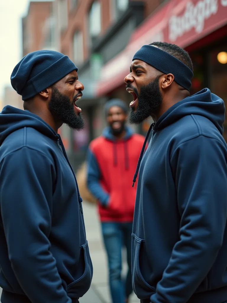 two African American black bearded men in navy blue sweatshirts and durags standing on street corner in front of bodega in arguing /yelling and screaming / furious (emotions are high in controversial exchange) at two men in casual  colorful wear as the two...