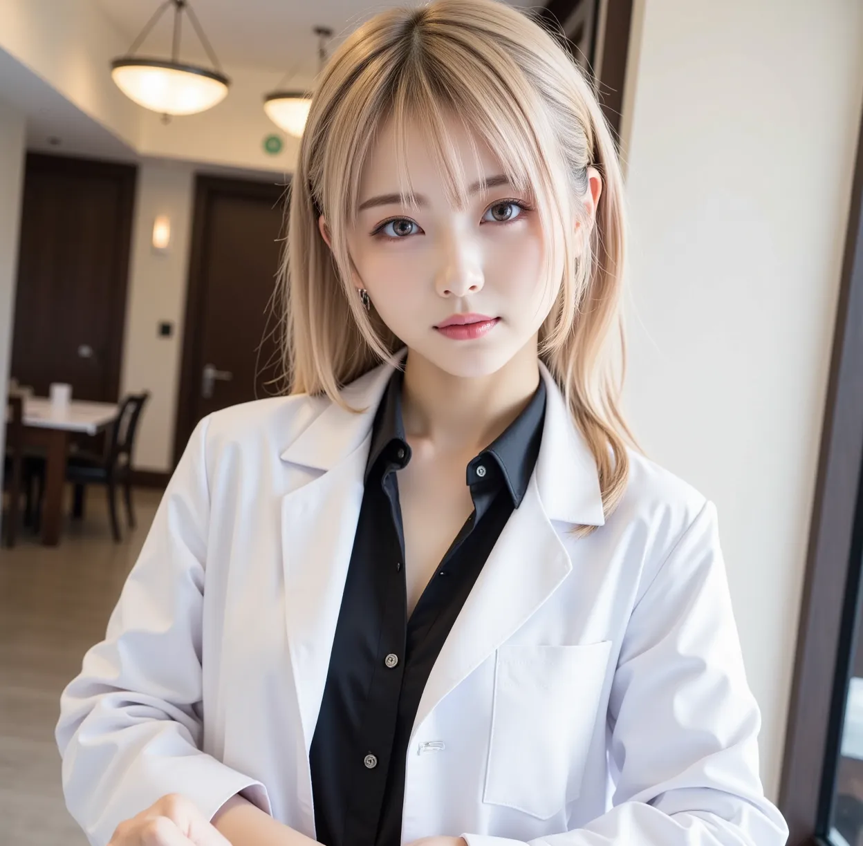 (( black shirt,Doctor's white coat,miniskirt)),((full body)),8K wallpaper,((blonde hair)), hair that flutters in the wind, hair hanging over shoulders, ((folding ponytail)),((机の上に両手をついて 前かがみになりbig breastsを見せて四つん這いになる)),((big breasts)),(( Hotel Bed Backgrou...