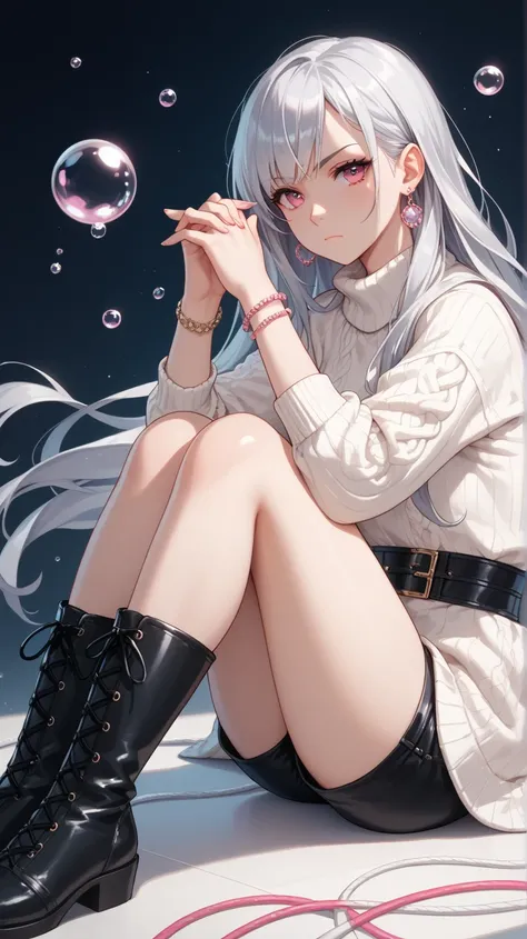 A digital illustration shoot from the side about a young woman with long silver hair sitting on the ground with her legs crossed, wearing a white cable-knit sweater and black leather shorts, and black knee-high boots. the image also shows a serious express...