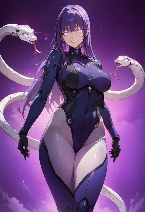 Sci-fi style girl. Mechanical bodysuit. Purple image color. Long hair. Straight hair. Even bangs. Smiling. Glowing eyes. Multiple snakes growing from body. Mechanical snake. Thighs. Thick legs. Breasts perky.
