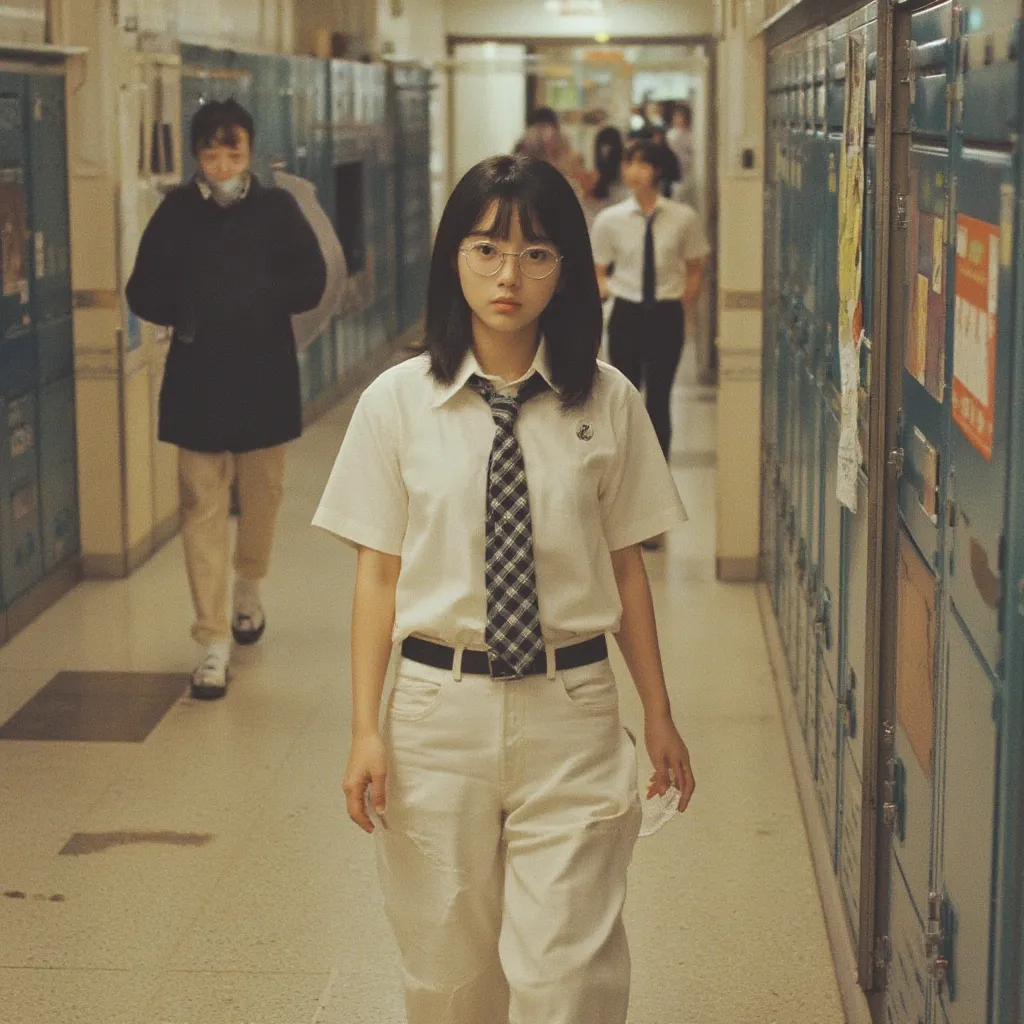 Tokyo junior high school hallway,middle school girl wearing oval silver-rimmed glasses,black hair semi-long hair,straight hair,white shirt,checkered necktie,Old white jersey pants , rough skin