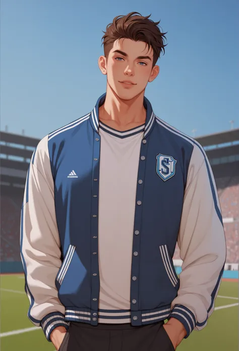 A handsome man in his 20s, an athletic build, in a letterman jacket. He is looking at the viewer. His hair is framing his face. The background is an urban football field. confident pose.