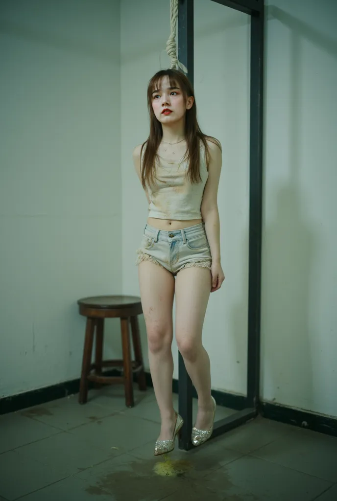 8K live photography, pretty slim Chinese young female executed by hanging, recorded facing camera, hanged below a gallows, white nylon noose rope wraps around neck, linking to the ceiling, both hands tied behind body, mouth opens to breath with difficulty,...