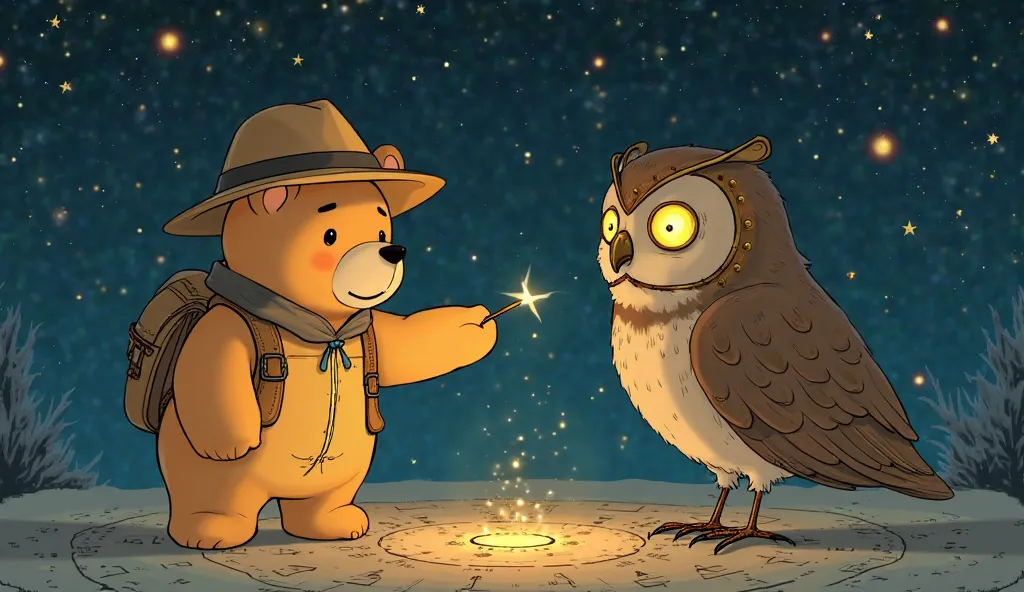 Mama Bear’s translucent figure in an explorer’s hat points to a constellation map. [Tumble], a golden teddy bear with a glowing stardust zipper, beams; [Bramble], a bronze mechanical owl with whirring clockwork wings, softens her stance under celestial blu...