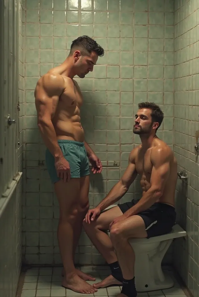 In a restroom, a muscular man wearing a full-length swimming outfit stands near another handsome, muscular man in black trunks and socks, who is sleeping while sitting on the toilet. The tiled walls and faint sound of dripping water create a quiet atmosphe...