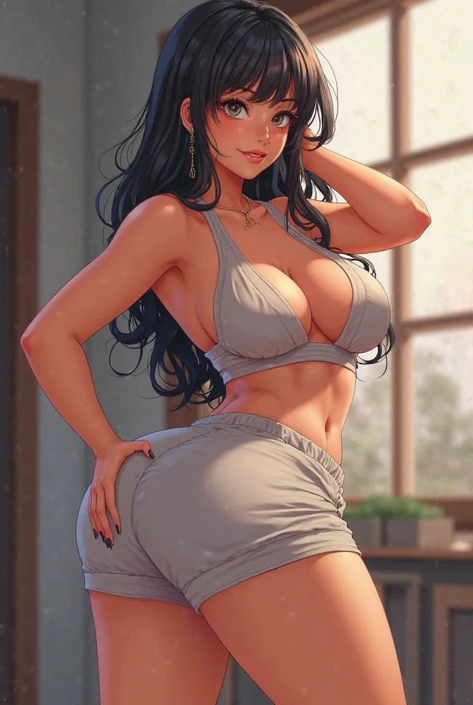 Anime style, huge ass, ass close, sweatpants, wide back, huge boobs, smug face, squatting, tanned skin, 