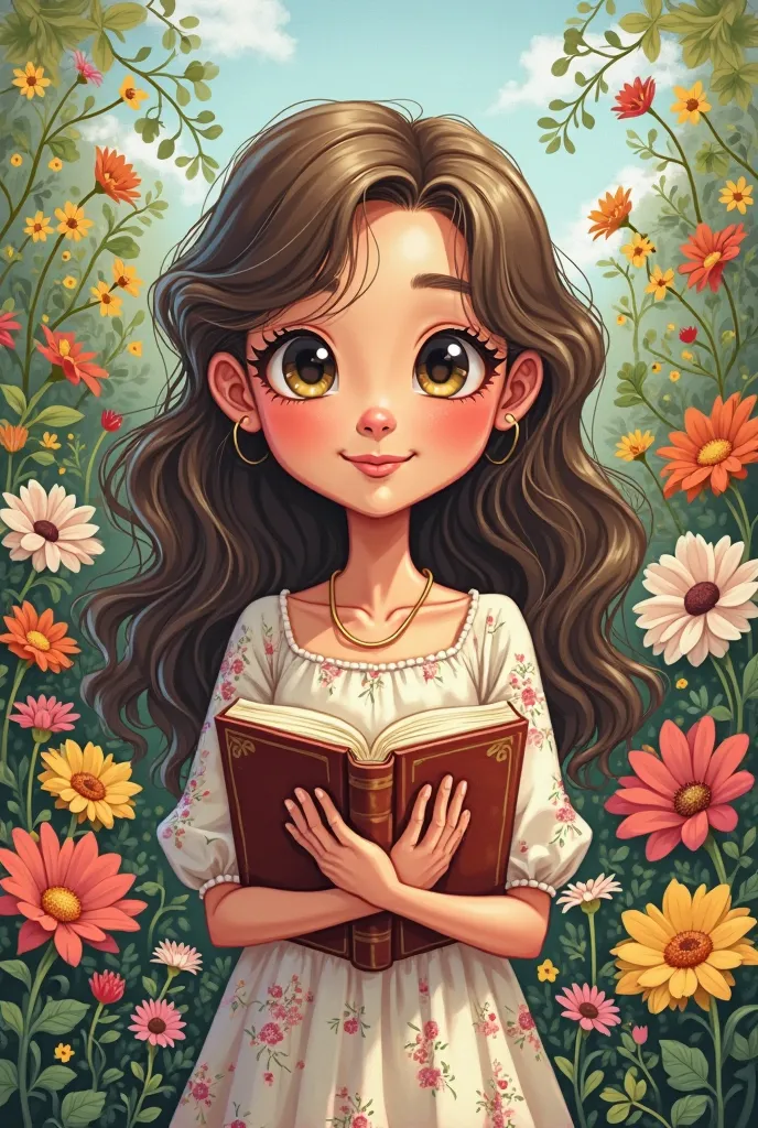 cartoon woman with flowers and book