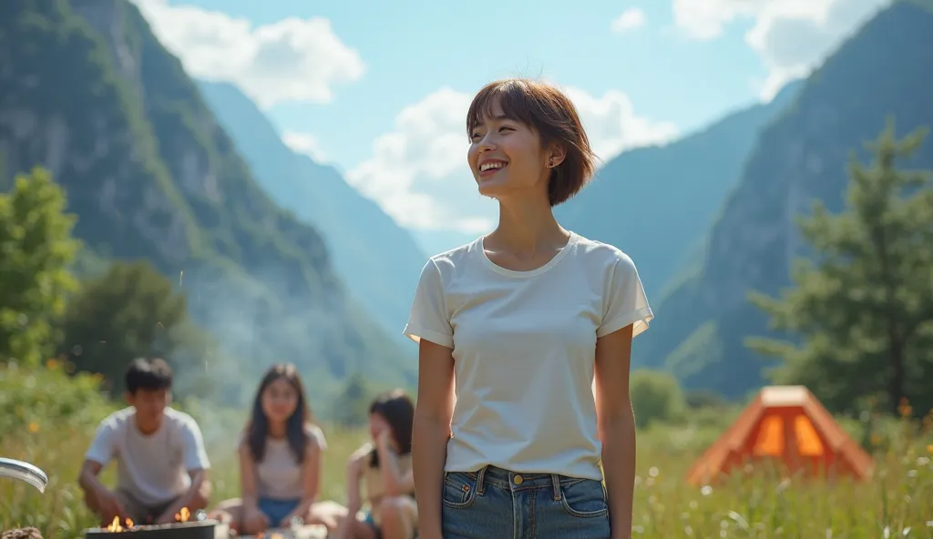 8k, RAW photo, Top Quality, masterpiece, realistic, photorealistic,  The location is a campsite 、I can see a tent, mountains, and blue sky in the background、The main character is a beautiful 19-year-old Japanese woman cooking barbecue with a few friends、Sh...