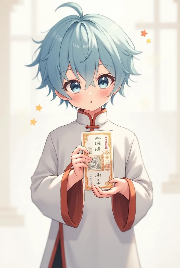 Shota with light blue hair
Chinese style clothes
Outward hair
boys
anime style
I'll let them hold the bill