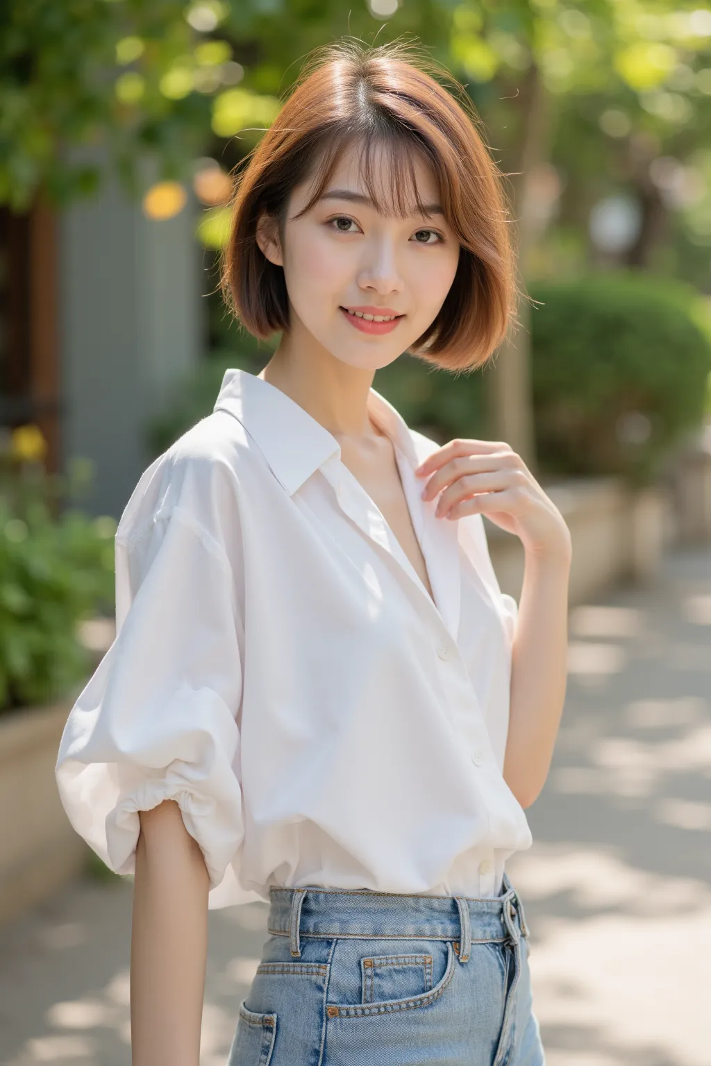 A 30-year-old Chinese woman with a Thai face, with short bob hair, wearing a chic but casual outfit, a white shirt tucked into high-waisted jeans. She has a slender and defined Chinese face, including almond-shaped eyes, a soft jawline, and fair skin. Her ...