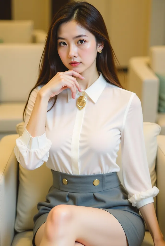 a young woman seated on a light-colored chair in an indoor setting, likely an office or lounge. She has long, dark hair styled neatly, and her expression is poised and confident. She is dressed in a professional yet stylish outfit, consisting of a white bl...