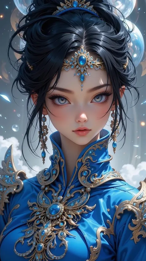 An extraordinary masterpiece，shows off an attractive light in a Saxon blue outfit，wearing a platinum jewelry set，with sparkling details。enhances her realistic and detailed facial features，Sharp pupils and a charming highlighter。