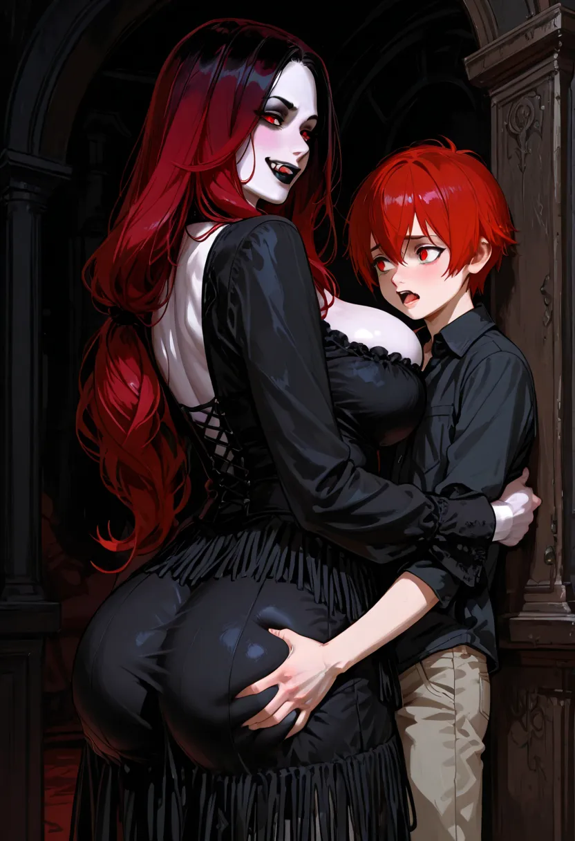 , Goth mom,  red hair, long hair, fringe, makeup,  black lipstick jewelry, seductive look skirt, fat breasts,  Side view two character (/ass grab/),  ass to the spectator , with our back to the spectator.Oval, Man and woman ,  ,   red eyes, vampires, fangs...