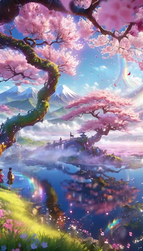 Emphasizes the overall rainbow colors, colorful flower plains 、Large cherry blossom trees 、 Amazing Scenery、 The landscape is delicately expressed、Realistic representation、, The World After 30 Years ,16k, super high resolution , super high resolution , Bor...