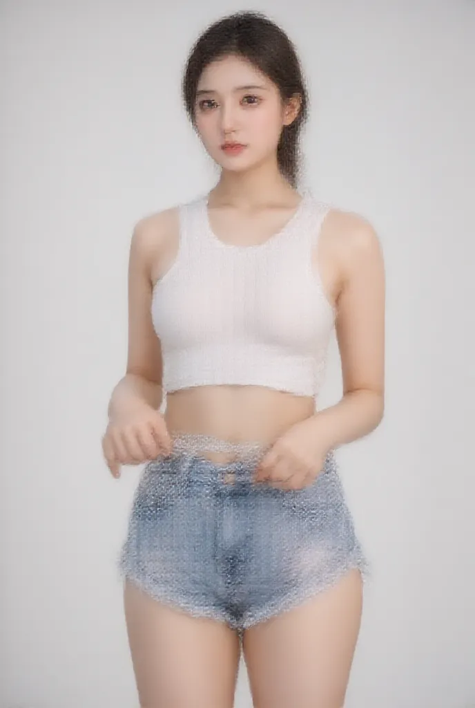 (very detailed)  cute Korean girl wearing a sports bra, white top, and short jeans, K-pop idol face. She measures a slim and healthy waist with a tape measure.She has dark hair and big hips.  She has large      . Ultra high quality photo image. , High Reso...