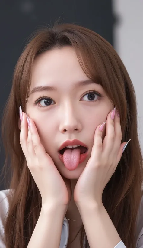 Cheng Xiao with her tongue out and hands on her face, licking tongue, tongue out, large tongue, long tongue, soft lulling tongue, tongue, tongue sticking out, snake tongue, mouth is simple and pleasant, licking out, slimy tongue, fleshy creature above her ...