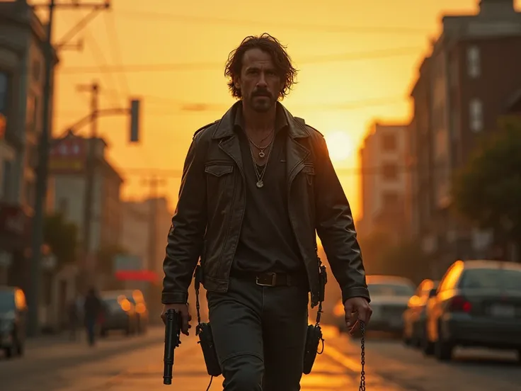 a half-sturdy character walking down the street with a gun in one hand and a microphone in the other while it's dusk