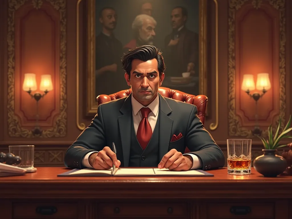 A grand but now a huge office of the man who is in a gorgeous manner, where Vinay Mehra is sitting behind a big mahogany desk. His eyes have a glimpse of the glow of power and deceit. He has a glass whiskey in his hand, and on the table,3D cartoon animatio...