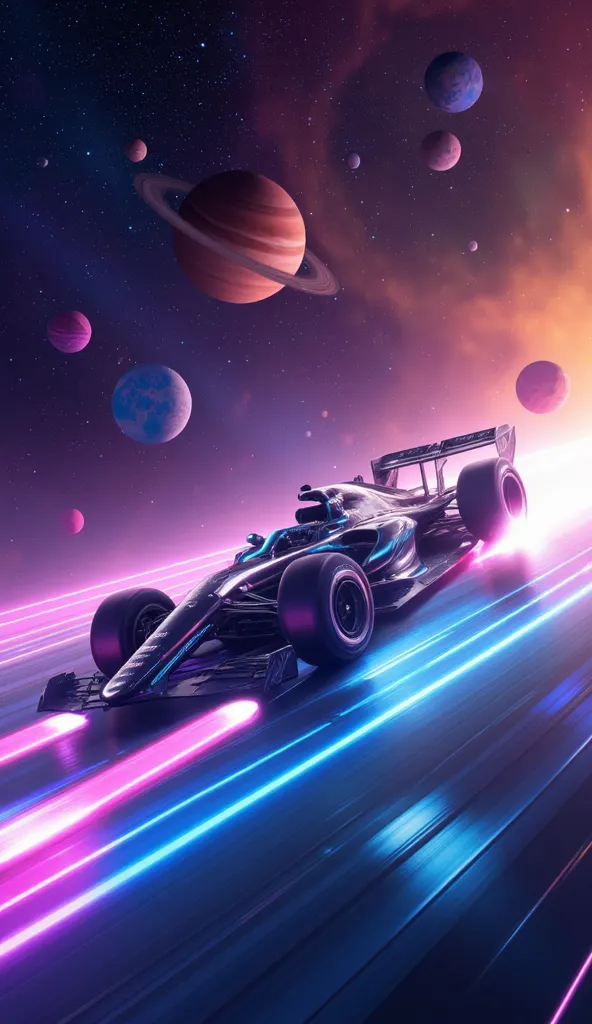 "A futuristic race car drifts through space, leaving behind a glowing neon trail. The car has a sleek, aerodynamic design with a metallic finish that reflects the stars around it. The background is a cosmic scene filled with vibrant planets of different si...