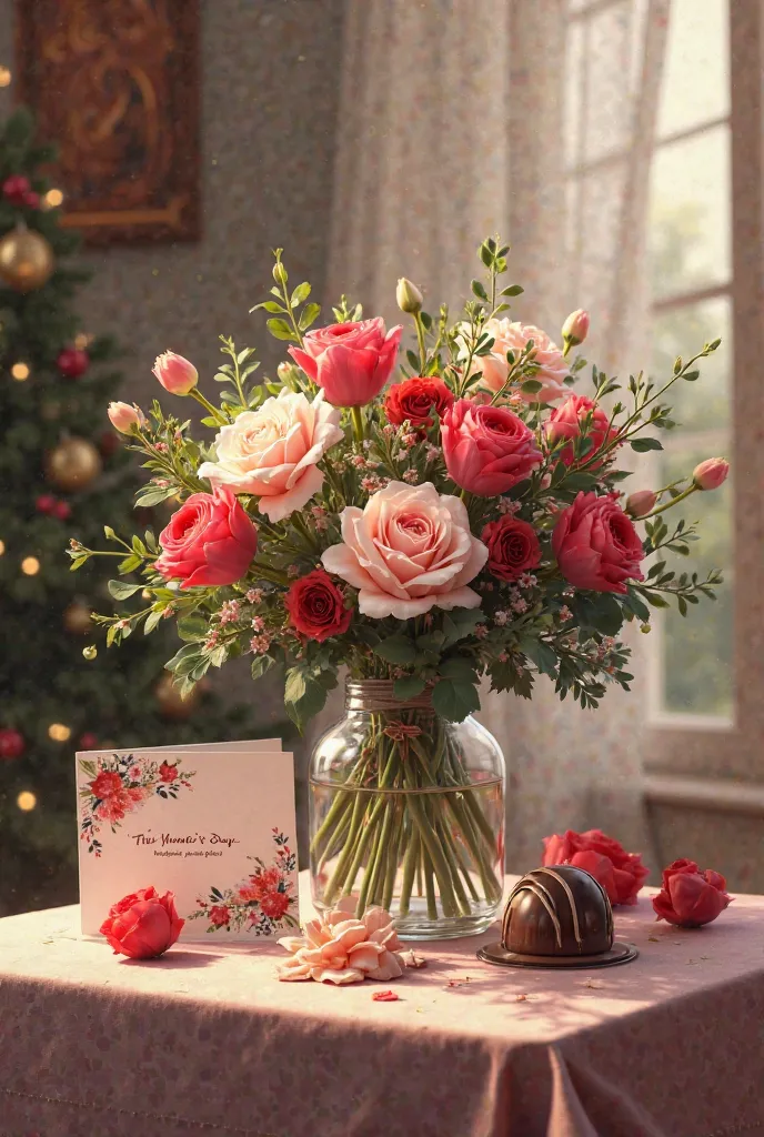 please make a beautiful Christmas greeting card. Have a realistic bouquet of flowers and a women's day greeting card, as well as a special chocolate bonbon, Tulip