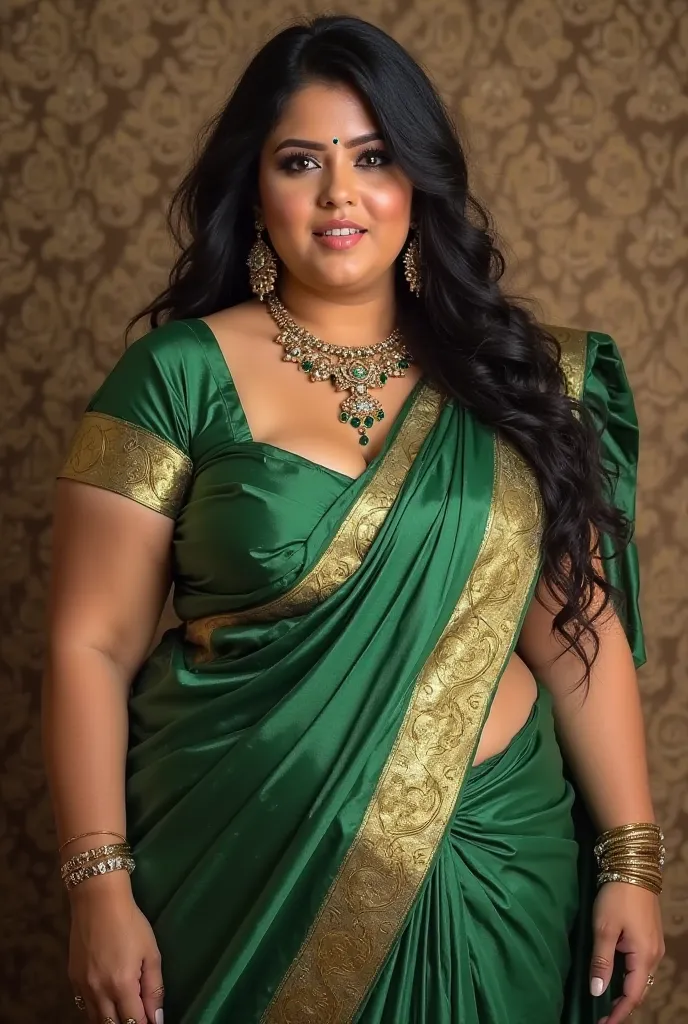 Chubby, SBBW, pale white-skinned, black-haired, busty European woman wearing a Green and gold saree. Woman is showing a lot of cleavage as well as the top slopes of her heavy breasts, since her blouse's neckline is very low. Woman has 38E breasts, fat roll...