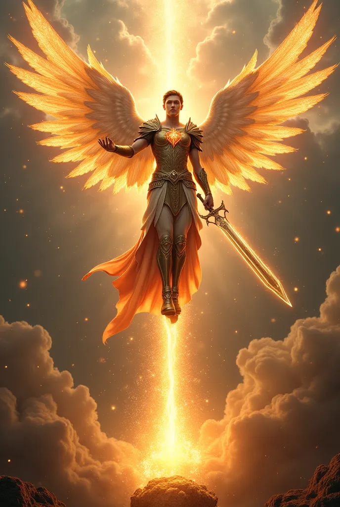 An image of a warrior angel with a sword, pouring out a cup from heaven to earth 