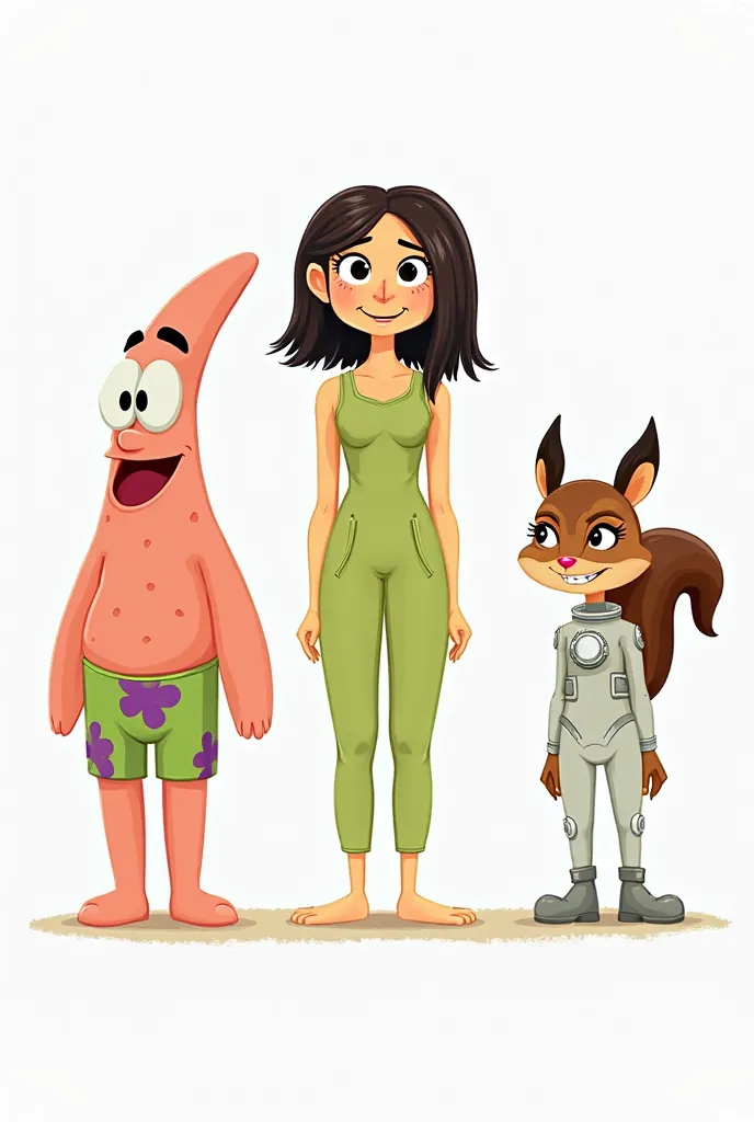 Three female cartoon characters, painted in style SpongeBob SquarePants on a white background. The characters have simple shapes, thick contours and bright colors, cartoon.
	1.	The first character is a starfish, resembling Patrick, with a rounded body. She...