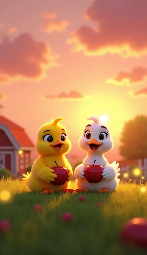 The yellow chick and the white duck sitting on a grassy hill at sunset, happily eating apples. The sky is painted in shades of pink and orange, with the farm visible in the distance. They smile, feeling happy after a fun adventure. Fireflies start to glow ...