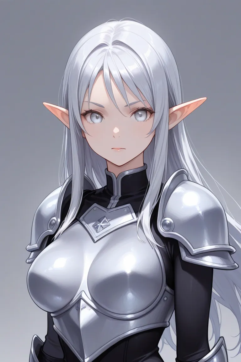 Drow elfa obscura, silver hair, light lilac eyes almost white,  jet black skin , fierce beauty,  Young Girl, medium breasts, female armor,  elf ears