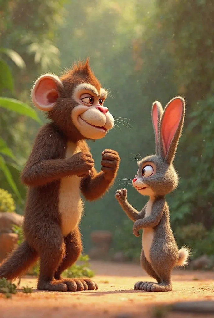 Bandar: "You always do your will!" (gets angry and puts his hand on his chest)

 rabbit : "and you always try to show me down!" (stomps on the ground in anger)
3d pixar style 