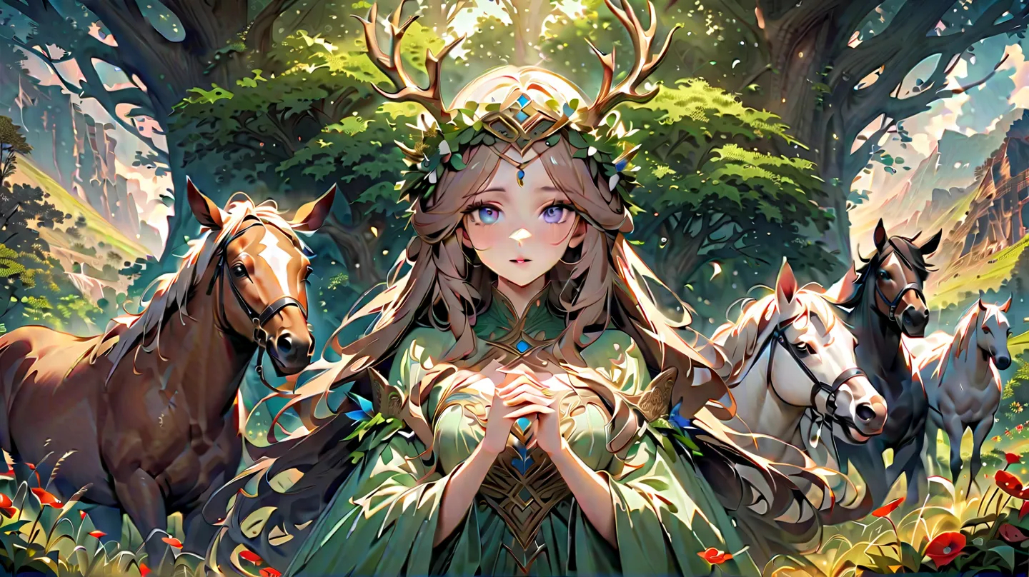 Create an image of the goddess Epona, embodied as a majestic and gracious figure standing in the center of a lush, mystical landscape. Her long, wavy, wheat-colored hair is woven with wildflowers and gold threads, and on her head she wears a crown of inter...