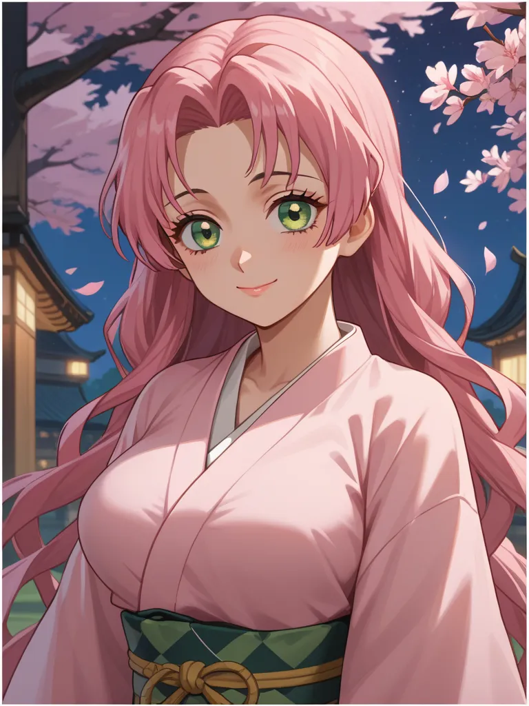 Mitsuri Kanroji from demon slayer, in a sexy green and pink kimono,out in the night, by a cherry blossom tree, she have a sexy body, she have green and pink hair,green eyes, Accurate, Masterpiece, Award Winning, Best Quality, Very Long Hair, Large breasts,...