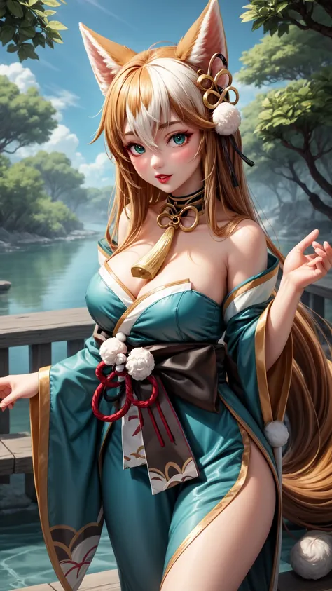 masterpiece, best quality, high quality, upper body,  outdoor, looking at the spectator, 1 girl, hina-fi , bicolor hair,  Japanese clothing, Green Kimono, cola, bare shoulders,cola, with cola,wide hips,beautiful,beautifuls piernas,SEDUCTIVE FACE,seductive ...