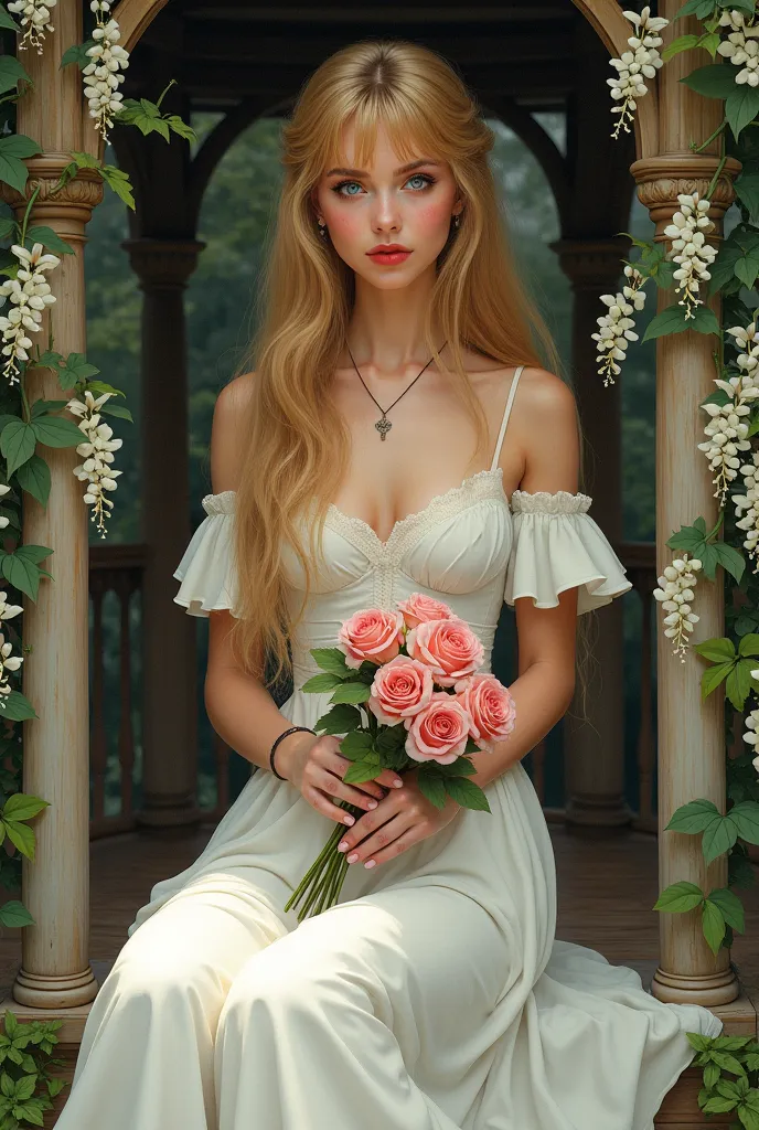 1 young woman, Incredibly beautiful femme fatale, blonde with very long thick long luxurious golden voluminous hair, beautiful hair below the waist, blue eyes, long bangs. blue eyes. She is wearing a long white vintage off-the-shoulder dress that perfectly...