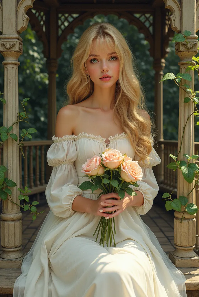 1 young woman, Incredibly beautiful femme fatale, blonde with very long thick long luxurious golden voluminous hair, beautiful hair below the waist, blue eyes, long bangs. blue eyes. She is wearing a long white vintage off-the-shoulder dress that perfectly...